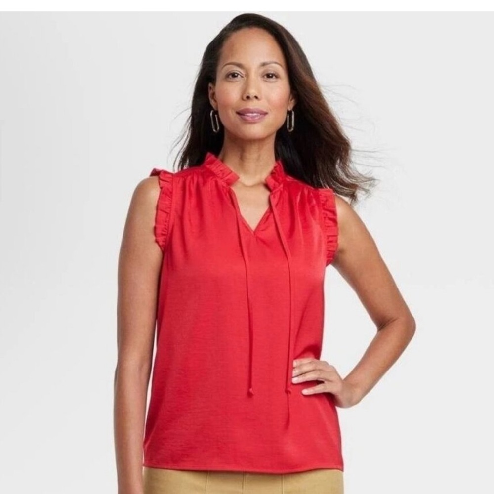 Knox Rose Red Satin Tie Neck Sleeveless Blouse Medium Red V-Neck Top